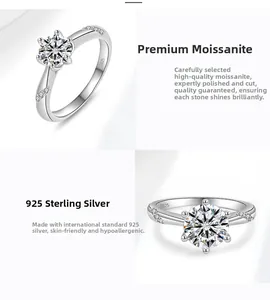 Détail d'une bague moissanite six griffes avec poinçon argent 925 et pierres fines