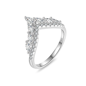 Elegant 925 sterling silver V-shape crown ring with marquise cut moissanite stones