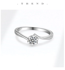 Macro detail of S925 sterling silver stamp on snowflake moissanite ring band