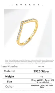 Macro detail of V-shaped S925 sterling silver ring with 18k gold plating and pavé cubic zirconia
