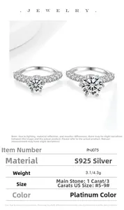Detailed specs of S925 sterling silver six-prong moissanite ring in 1ct and 3ct sizes