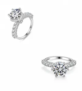 Close-up of S925 sterling silver ring with six-prong moissanite setting and side stones