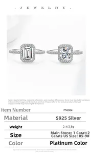 Detailed view of S925 silver rings with emerald cut stones in 1ct and 2ct options