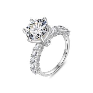 Luxury S925 sterling silver six-prong moissanite ring with shimmering side stones