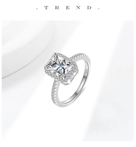 Detail of S925 sterling silver ring featuring rectangle halo moissanite and S925 hallmark