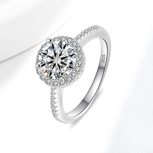 Classic S925 sterling silver ring with a large moissanite center stone and halo setting