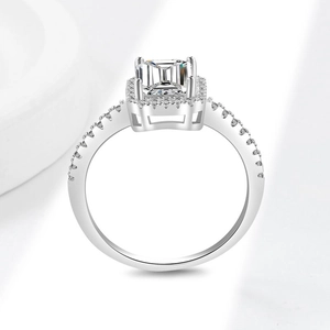 Elegant S925 sterling silver ring with emerald-cut moissanite and halo diamond setting
