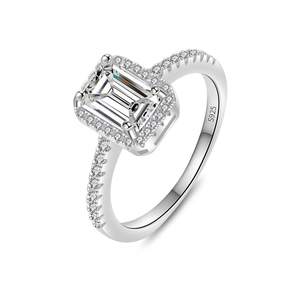 S925 sterling silver ring with emerald cut moissanite and halo diamond setting