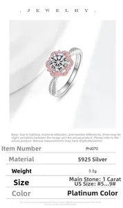 Macro shot of S925 sterling silver ring with 1ct round diamond and pink flower petals