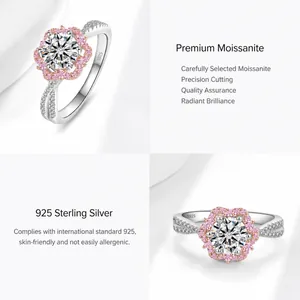 Detail of S925 sterling silver ring featuring flower-shaped moissanite and pink side stones