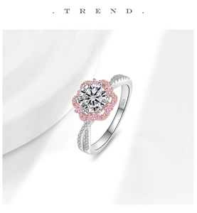 Detailed macro view of S925 sterling silver flower ring with pink and white stones