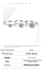 Trois bagues moissanite en argent S925 en tailles 0,5ct, 1ct et 2ct avec finition platine