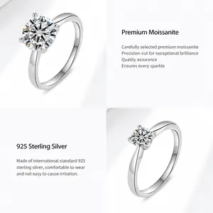 Détail d'une bague en argent sterling S925 montrant le serti moissanite à quatre griffes