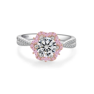 S925 sterling silver flower ring with central white diamond and pink petal halo