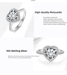 Detailed views of S925 sterling silver heart-shaped moissanite ring with halo setting