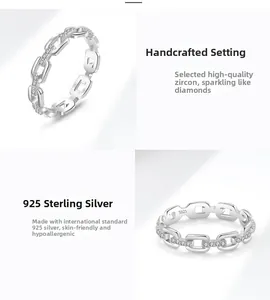 Detailed macro view of S925 sterling silver chain ring with inlaid cubic zirconia
