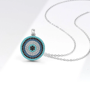 Collier en argent S925 avec pendentif œil maléfique et cristaux bleus sertis