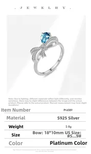 Detalle macro del anillo de lazo plata S925 con circón azul y dimensiones del producto