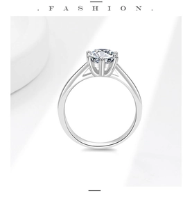 Detail of brilliant round moissanite stone in classic six-prong S925 silver setting