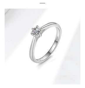 Macro view of a 925 sterling silver ring with a six-prong solitaire moissanite setting