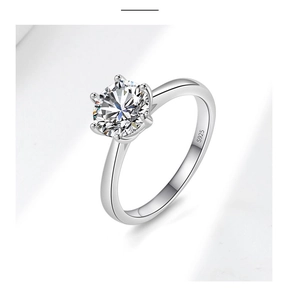 Detailed view of S925 sterling silver stamp on a six-prong solitaire moissanite ring