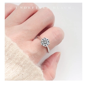 Detailed view of 1 carat moissanite silver ring with classic six-prong setting on finger