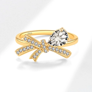 Bague nœud en argent S925 avec zircon poire scintillant et finition dorée