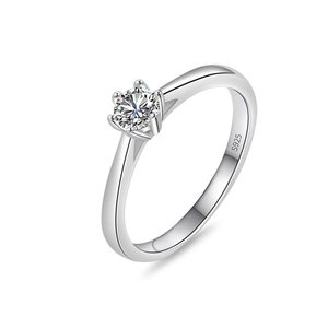 Classic S925 sterling silver solitaire ring with round brilliant cut moissanite in six-prong setting