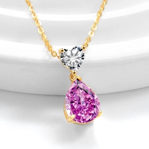 Elegant S925 silver necklace with heart white gem and pear-shaped pink-purple crystal