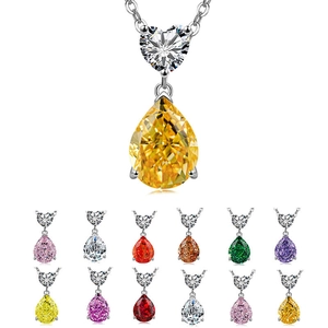 S925 sterling silver necklace with heart and pear cut gemstone pendant in 12 colors