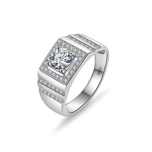 Mens S925 sterling silver ring with large round moissanite and side stones pave setting