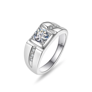 Men's S925 sterling silver ring with round moissanite center stone and pave accents