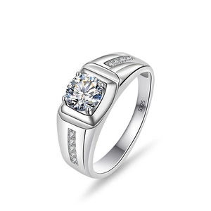 Men's S925 sterling silver ring featuring a large moissanite center stone and side accents