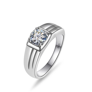 Men's S925 sterling silver ring featuring a large round brilliant cut moissanite stone