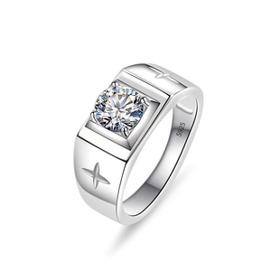 Men's S925 sterling silver ring with round moissanite and star engraved band