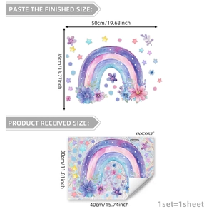 Rainbow and floral static window clings set with detailed product dimensions and size guides