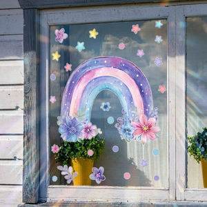 Rainbow and stars static window clings with watercolor flowers for home glass decoration