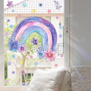 Rainbow flower static window decals creating colorful sunlight shadows on glass