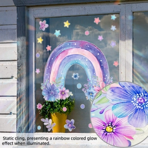 Macro detail of rainbow window film with static cling floral and star patterns