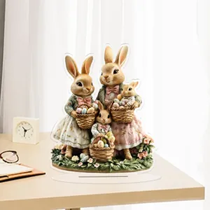 Easter acrylic bunny family desktop ornament with vintage egg baskets on wood surface