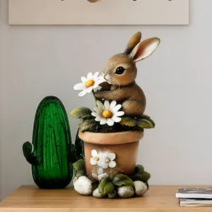 Close-up of a 2D flat acrylic Easter bunny with daisy on a clear round base