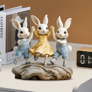 Detailed view of 2D acrylic Easter bunnies flat ornament with faux wood base design