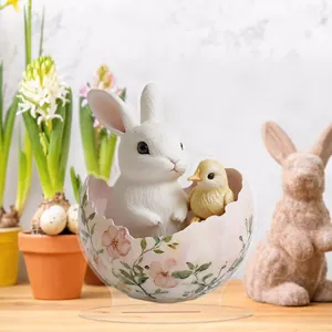 Detailed 2D flat acrylic Easter bunny and chick egg ornament with clear base stand