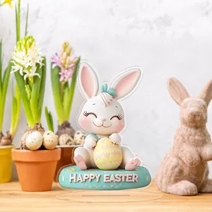 Detailed 2D acrylic Easter bunny ornament with painted egg and Happy Easter base text