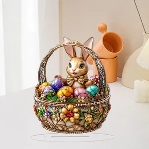 Macro detail of a 2D flat acrylic Easter bunny in a flower basket with colorful eggs