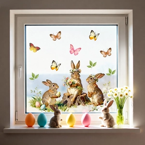 Detail der Oster-Fensteraufkleber mit realistischen Hasen und Blumenmustern auf Glas