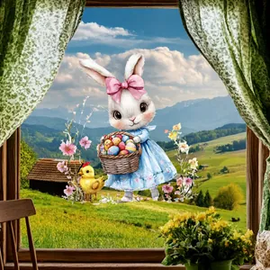 Easter bunny and egg window stickers showing detailed cartoon patterns on a glass door