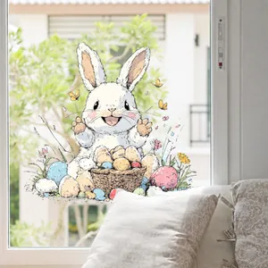 Easter bunny and colorful eggs static window stickers on a glass door background