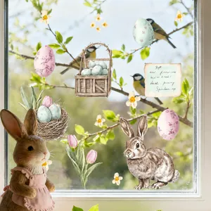 Close-up of realistic Easter bunny stickers and colorful eggs on a transparent glass window
