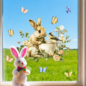 Detail of Easter bunny in a teacup window sticker with watercolor floral and butterfly designs